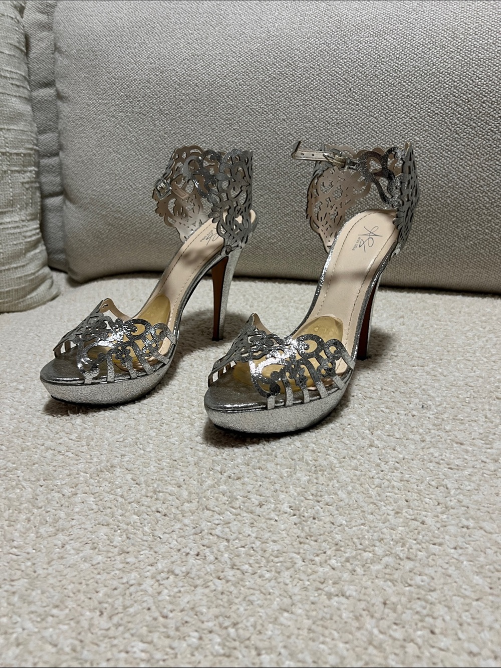 Silver Laser-Cut High Heel Sandals with Ankle Strap by Unknown Brand